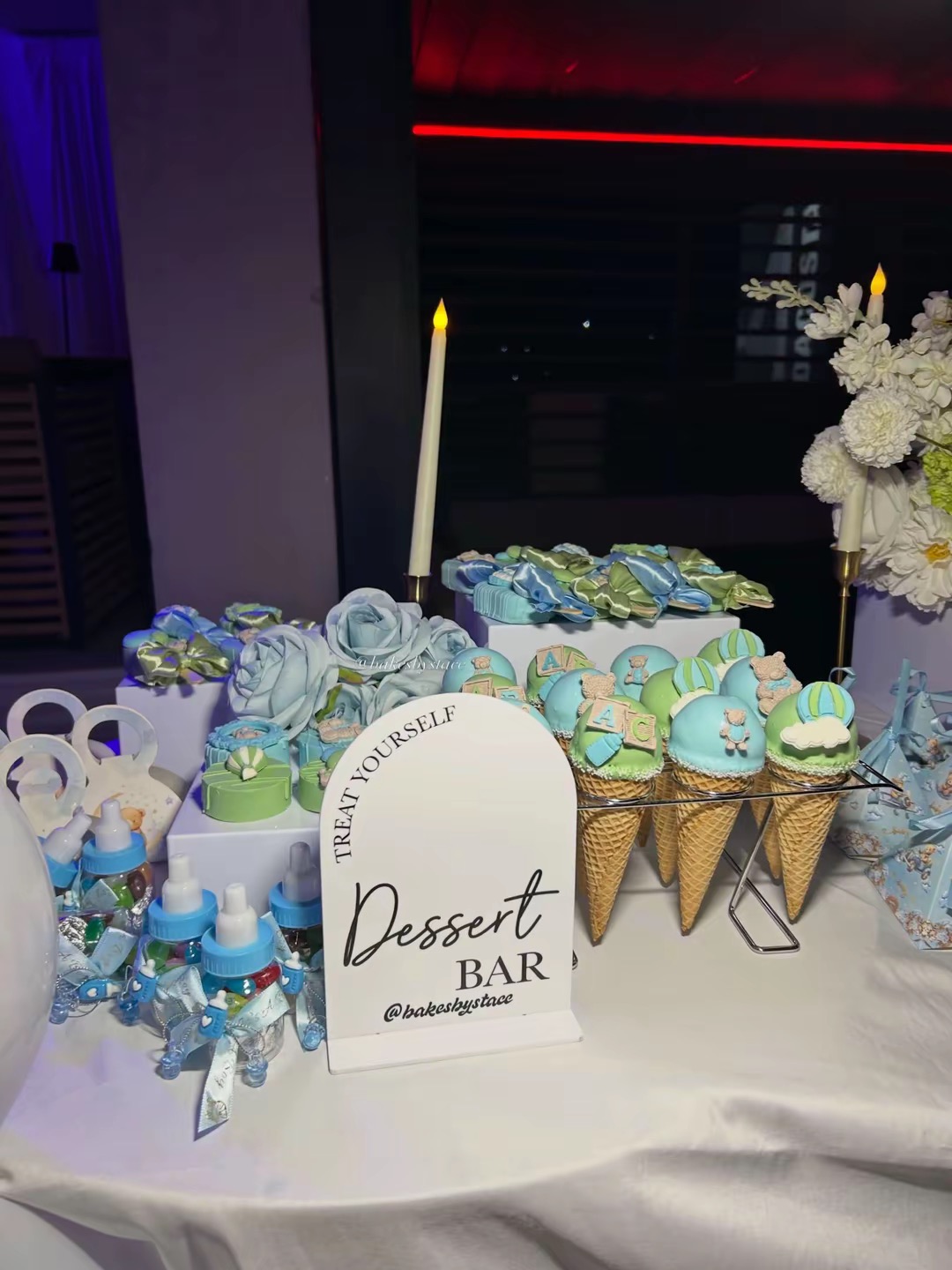 Baby shower dessert bar with cake cones